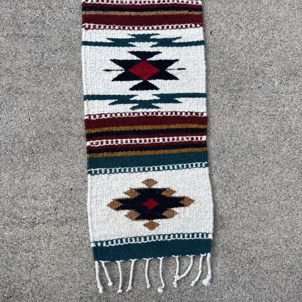 Wool Tribal Southwest Aztec Table Runner Vibrant Colors Fringe Handmade